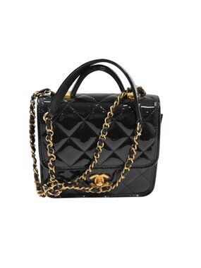 Chanel AUTHENTIC School Memory Square Top Handle Flap Bag in Black Patent